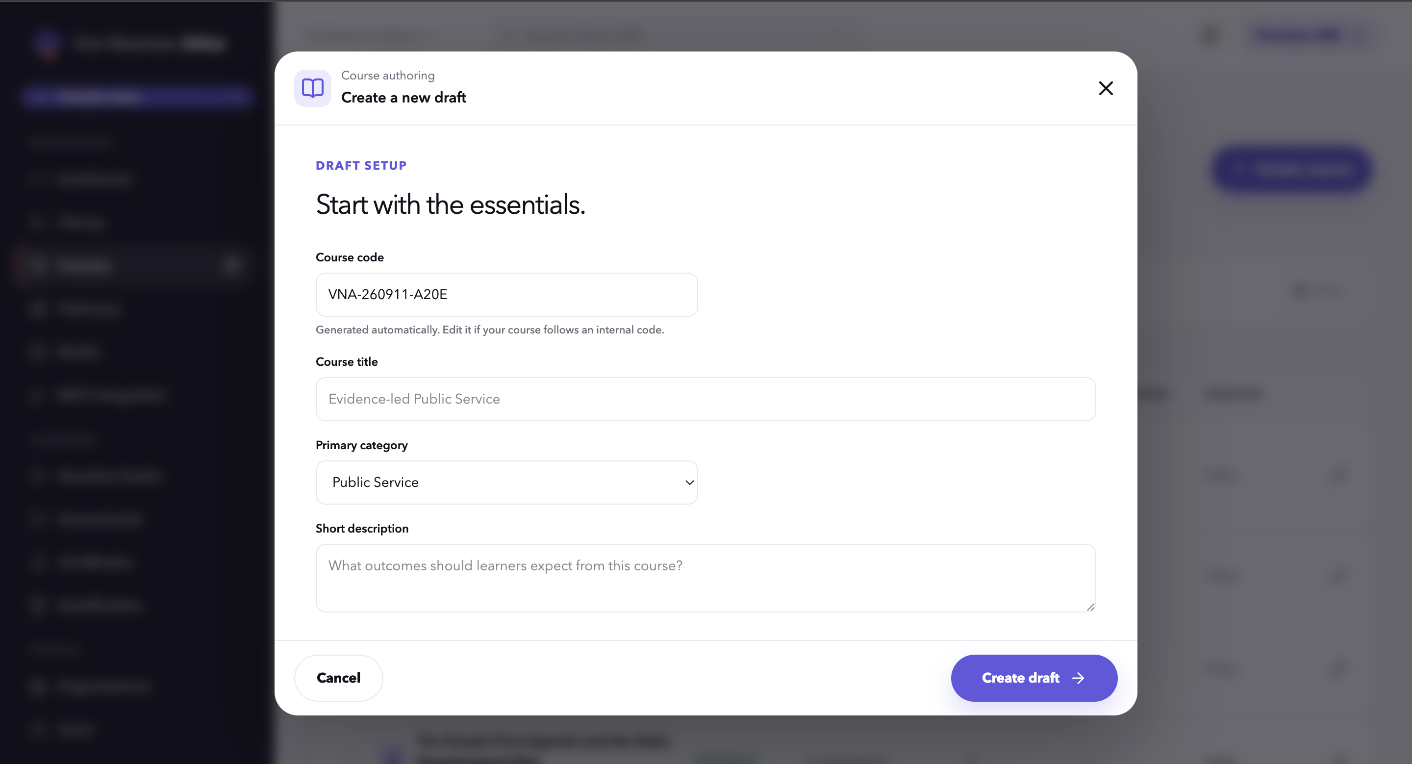 Atlas CMS course authoring form for creating a new draft