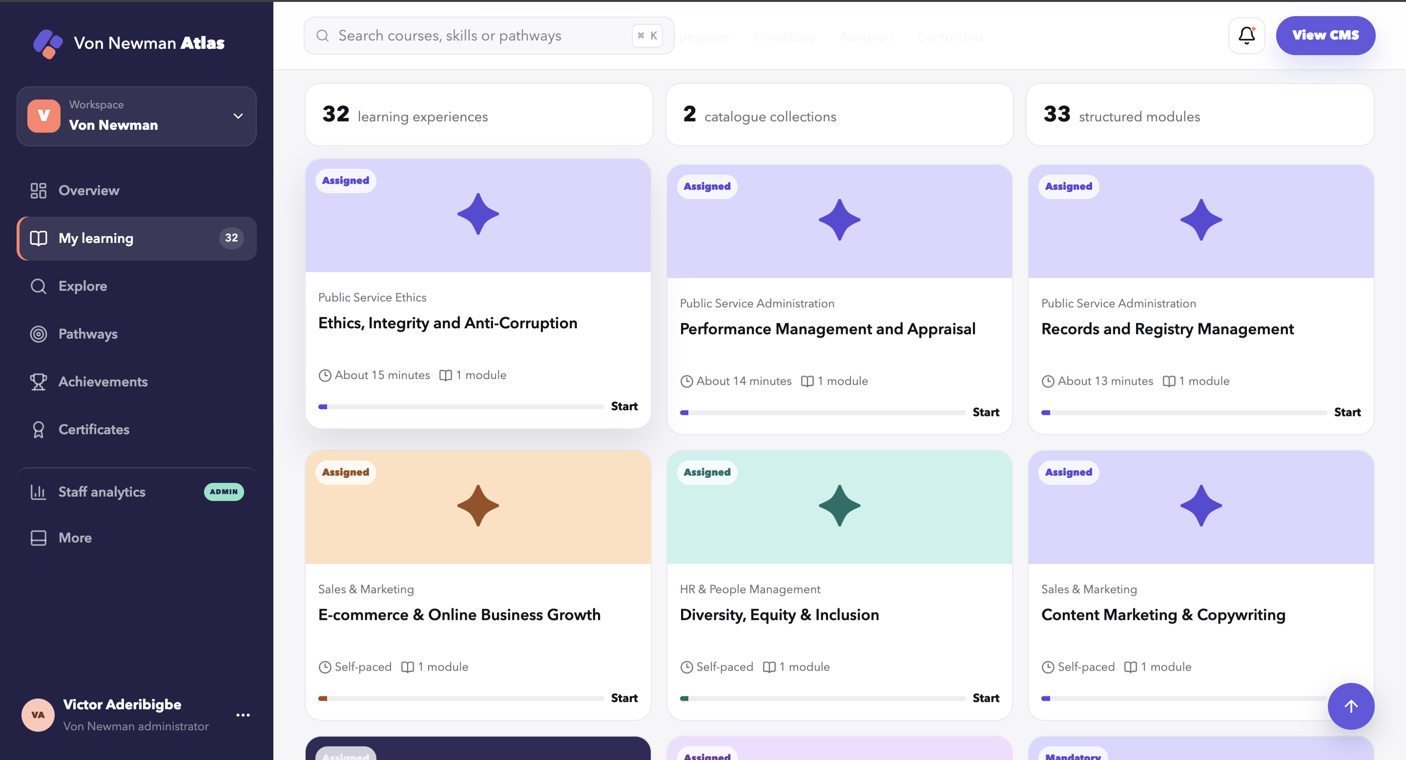 Atlas LMS assigned-learning catalogue with course cards