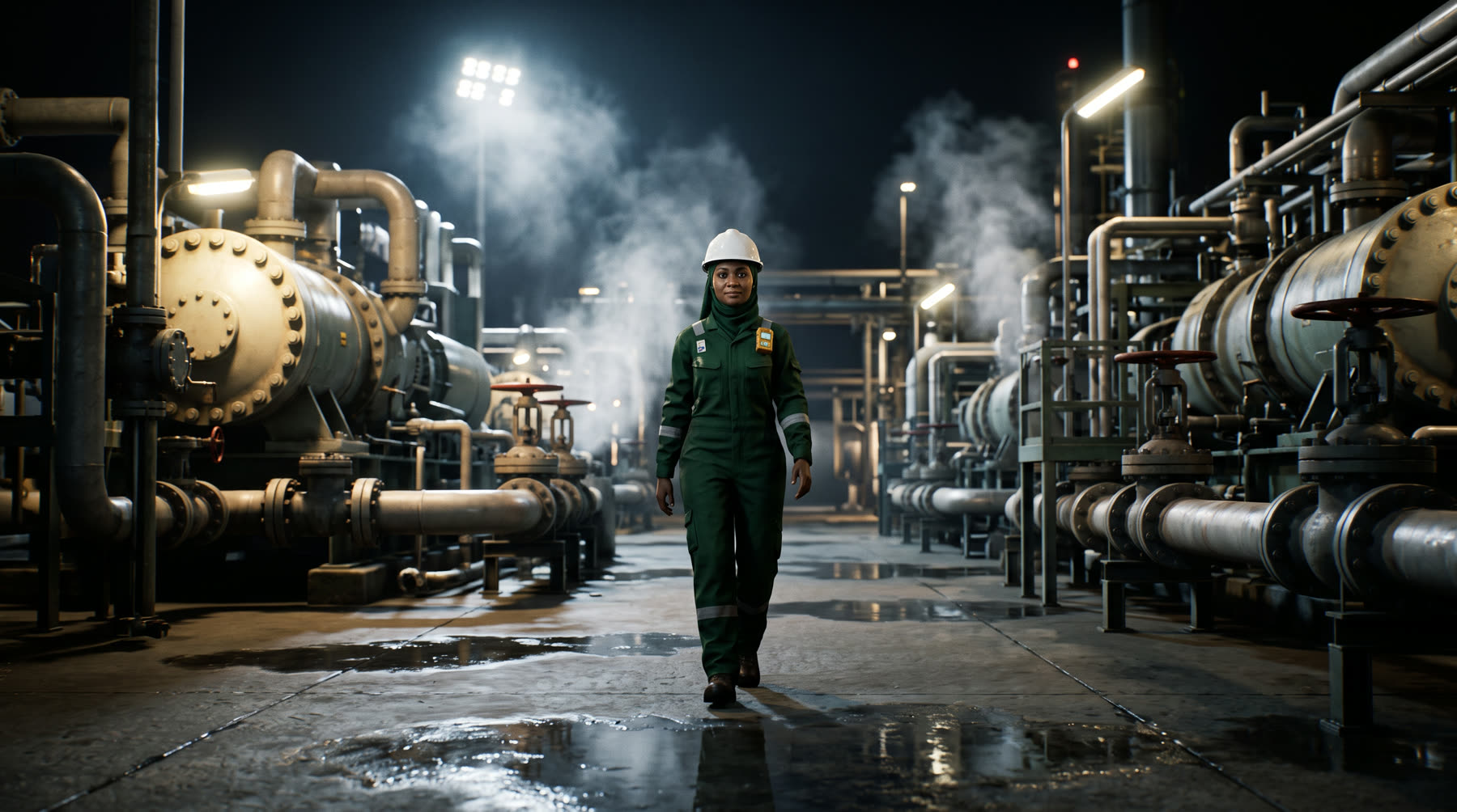 A technician walking through a gas plant at night