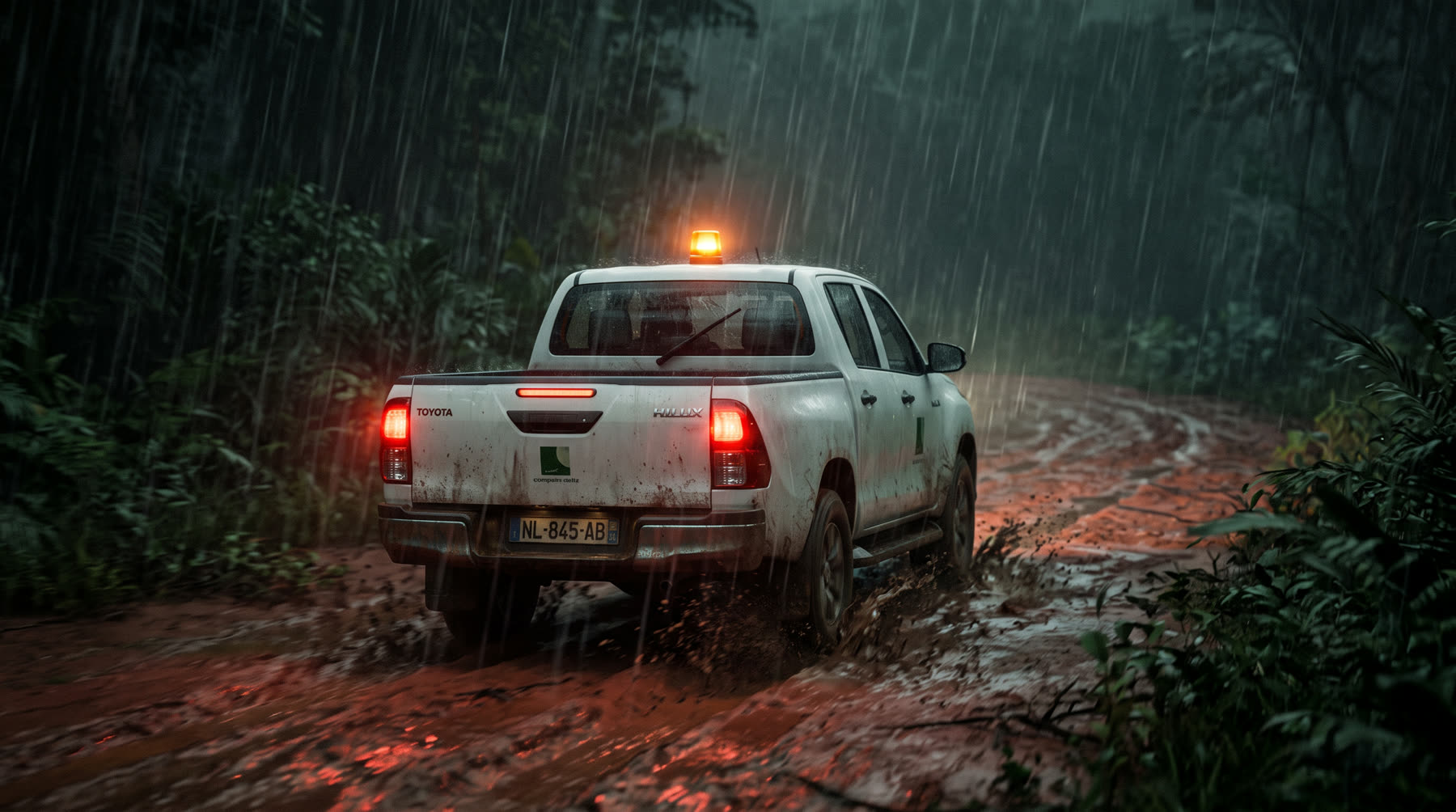 A pickup on a flooded red road in heavy rain