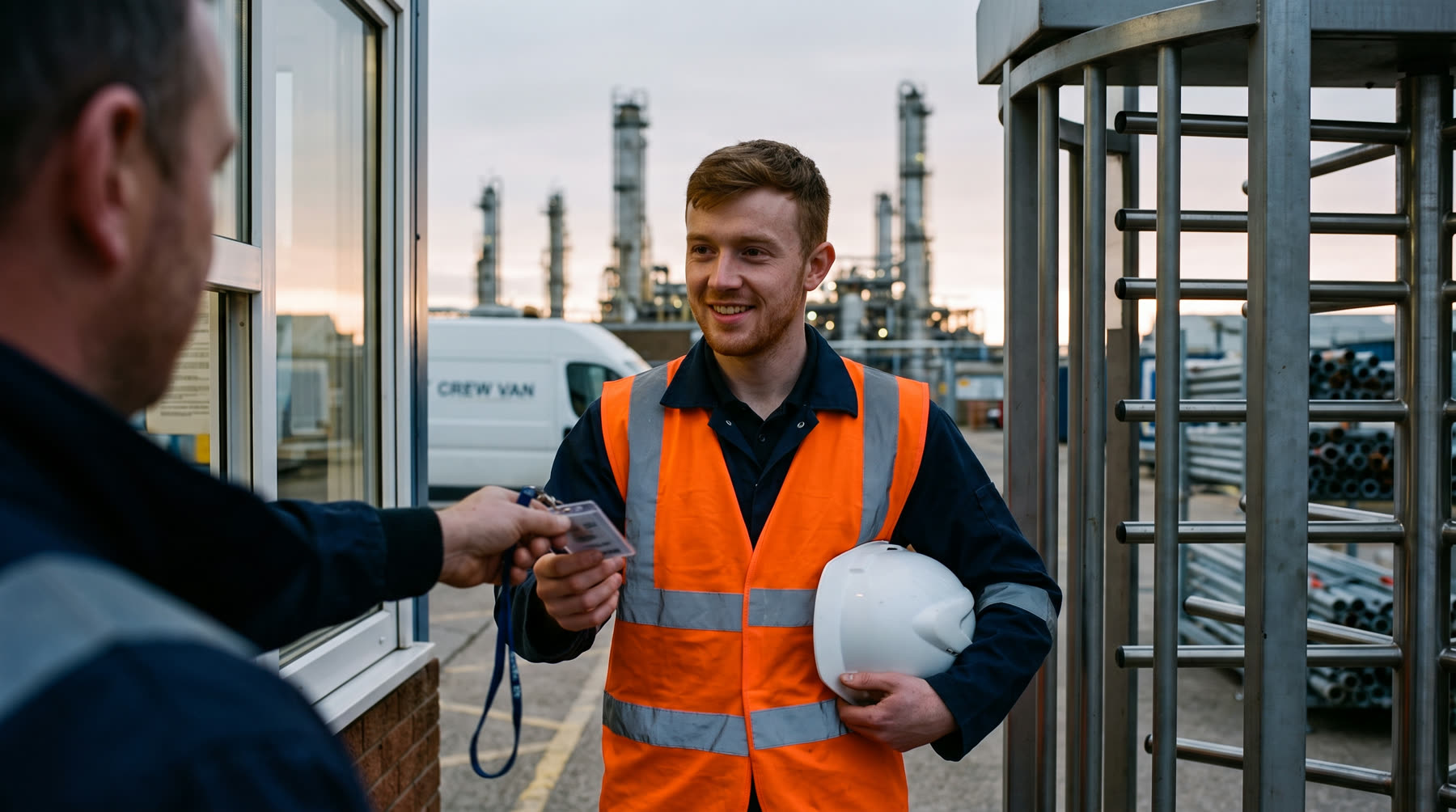 A new starter collecting a pass at a refinery gate
