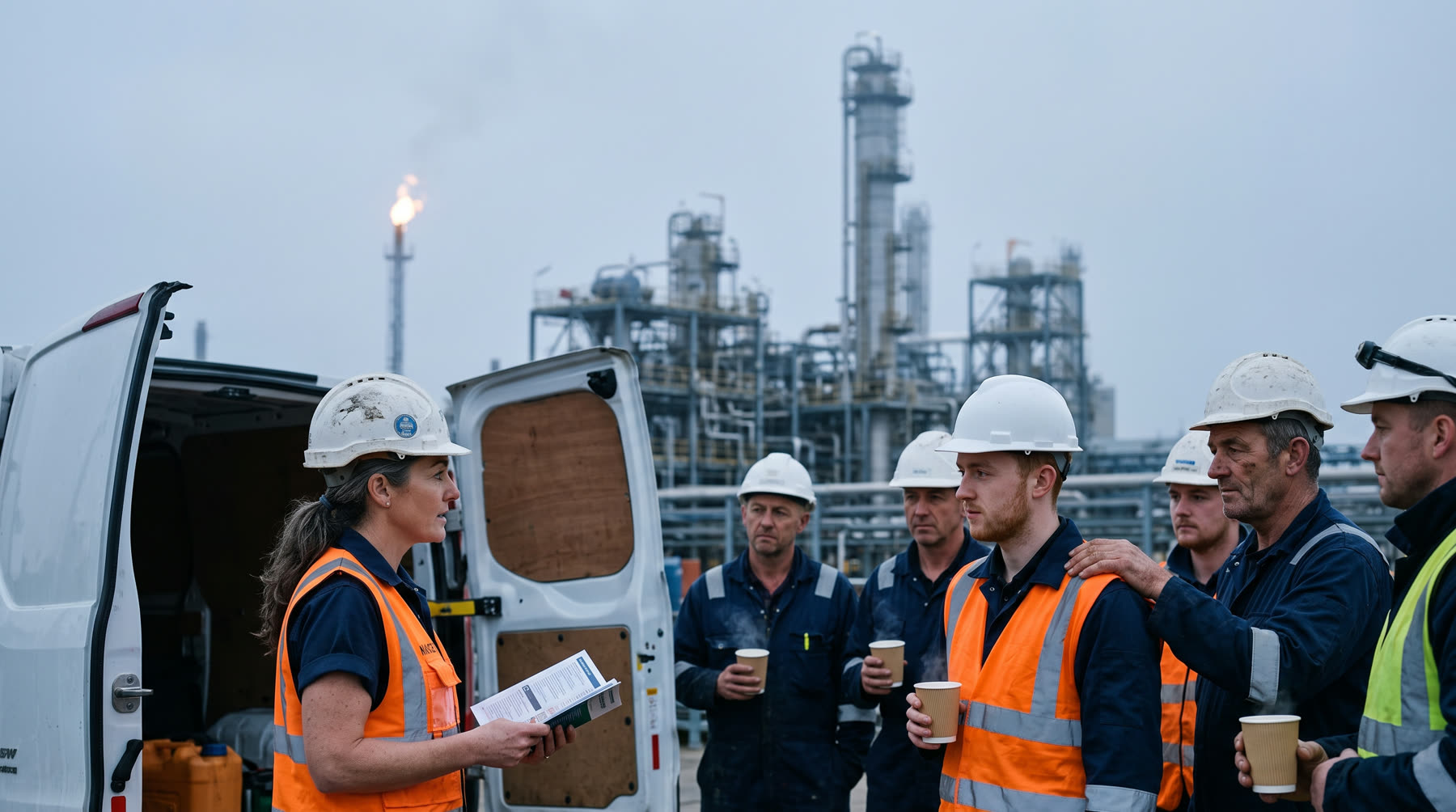 A supervisor running a toolbox talk with a crew beside a van at a refinery